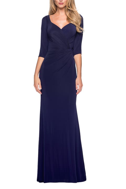 3/4 Sleeve Long Jersey Dress with Sweetheart Neckline