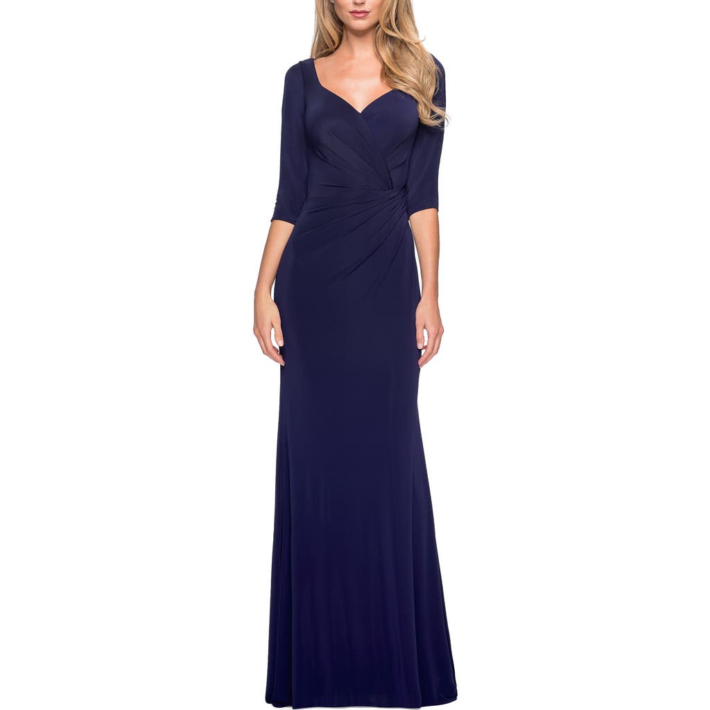 La Femme 3/4 Sleeve Long Jersey Dress with Sweetheart Neckline in Navy  product