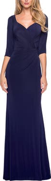 La Femme 3/4 Sleeve Long Jersey Dress with Sweetheart Neckline