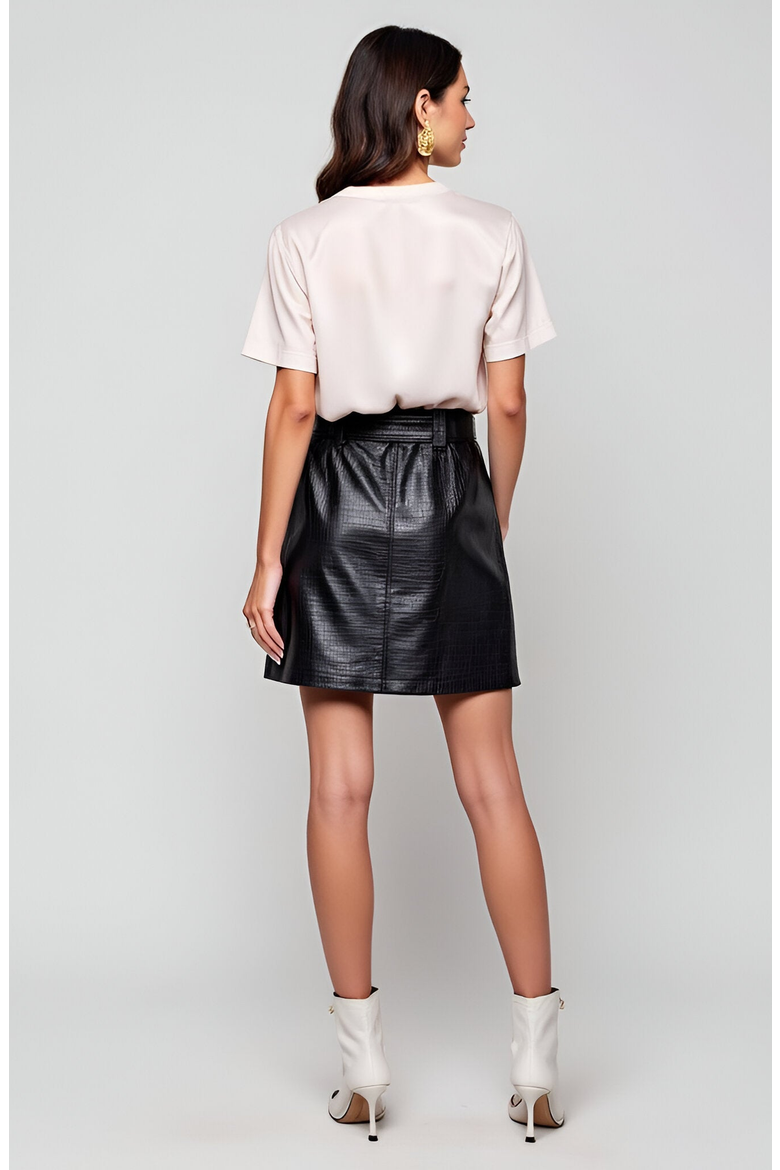 Belted Faux Leather Mini Skirt with Patch Pockets and Front Button, Alternate, color, Black