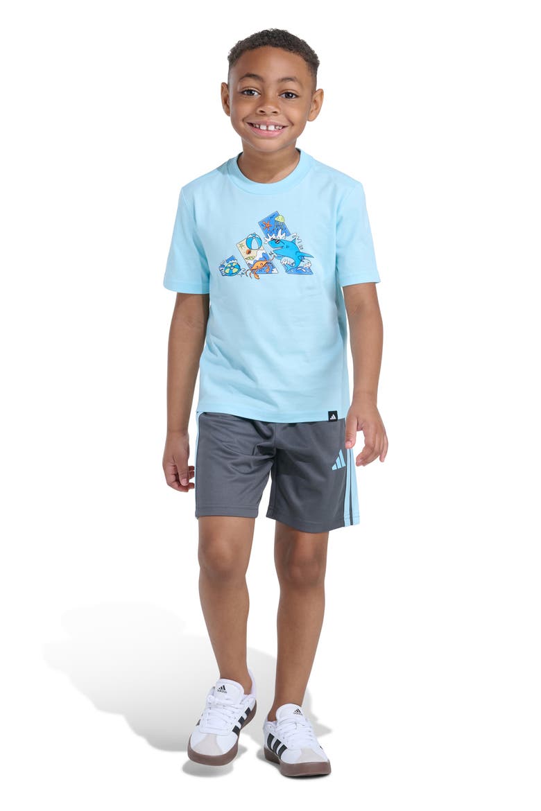 Kids' Graphic Print T-Shirt & 3-Stripes Shorts Set, Alternate, color, FROZEN BLUE