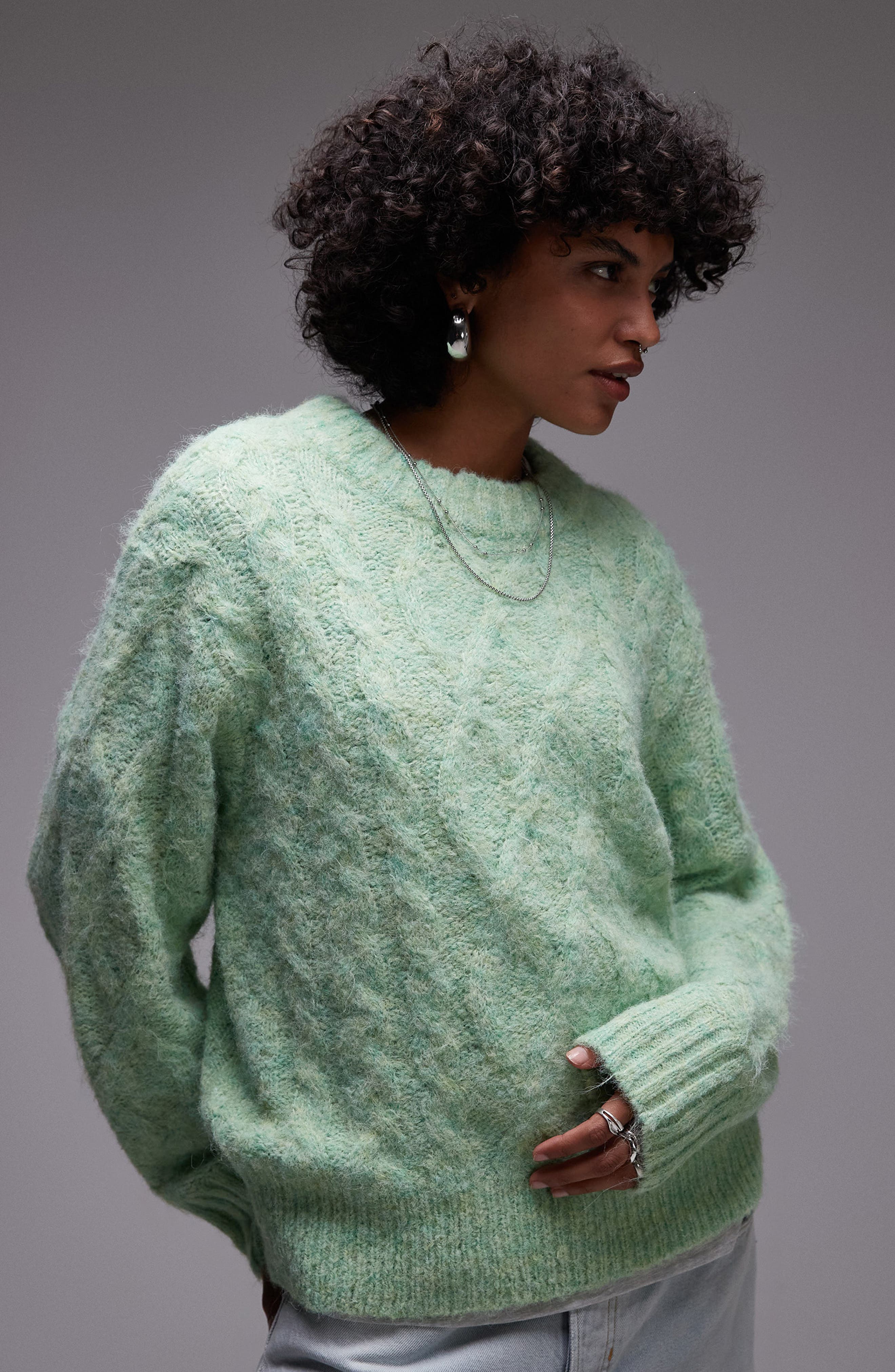 Topshop Fluffy Cable Stitch Sweater in Light Green 