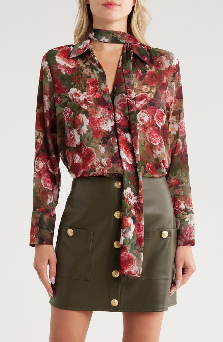L'AGENCE Basil Floral Long Sleeve Shirt with Scarf, Main, color, Sage Multi Soft Cloud Floral