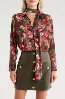 L'AGENCE Basil Floral Long Sleeve Shirt with Scarf