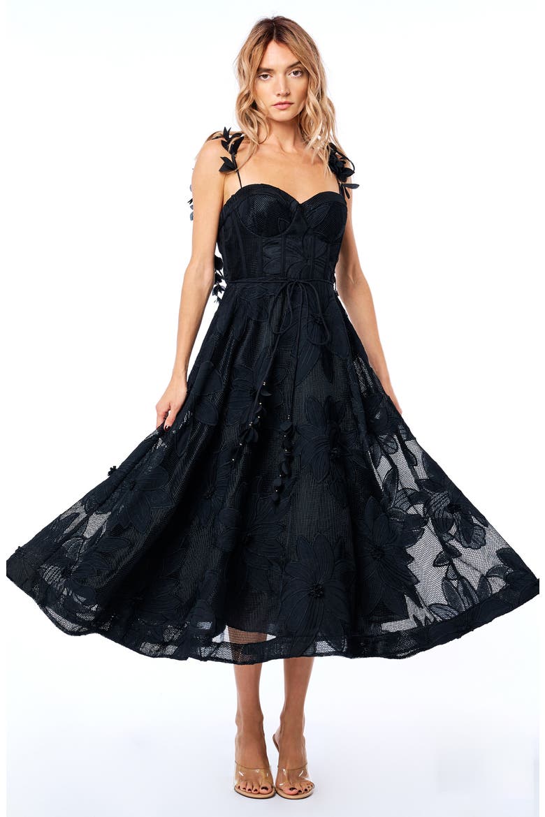 Emilia Bustier Lace Midi Cocktail Dress, Alternate, color, BLACK