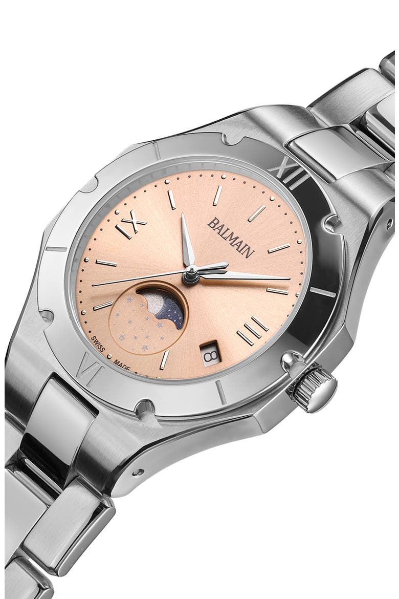 Be Balmain Moonphase Bracelet Watch, 33mm, Alternate, color, PINK STAINLESS STEEL