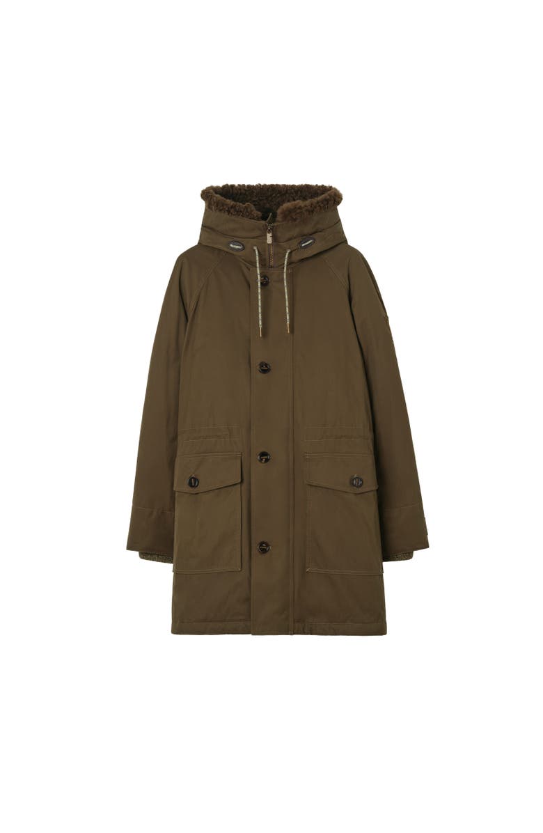 Burberry Shearling Trim Gabardine Parka, Alternate, color, Juniper Green