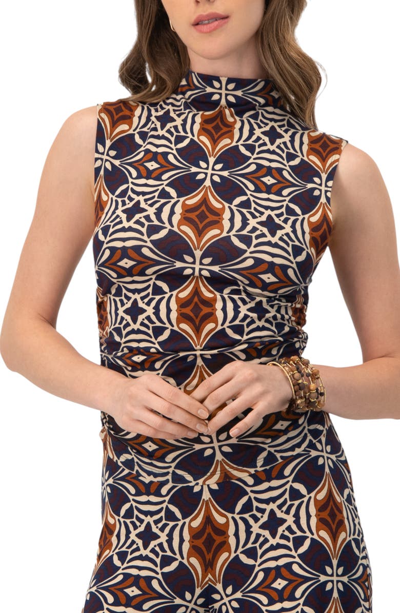 IVONNE Ruched Side High Neck Sleeveless Blouse, Main, color, Multi-Brown