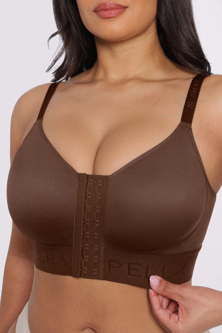 Wireless Front Closure Back Smoothing Unlined Adjustable Strap Everyday Bra, Alternate, color, Brown