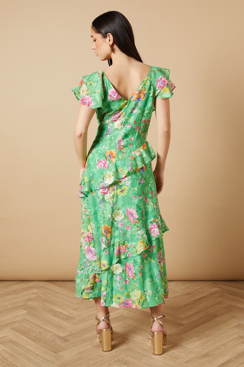 Ruffle Sleeve Jacquard Midi Dress, Alternate, color, Green