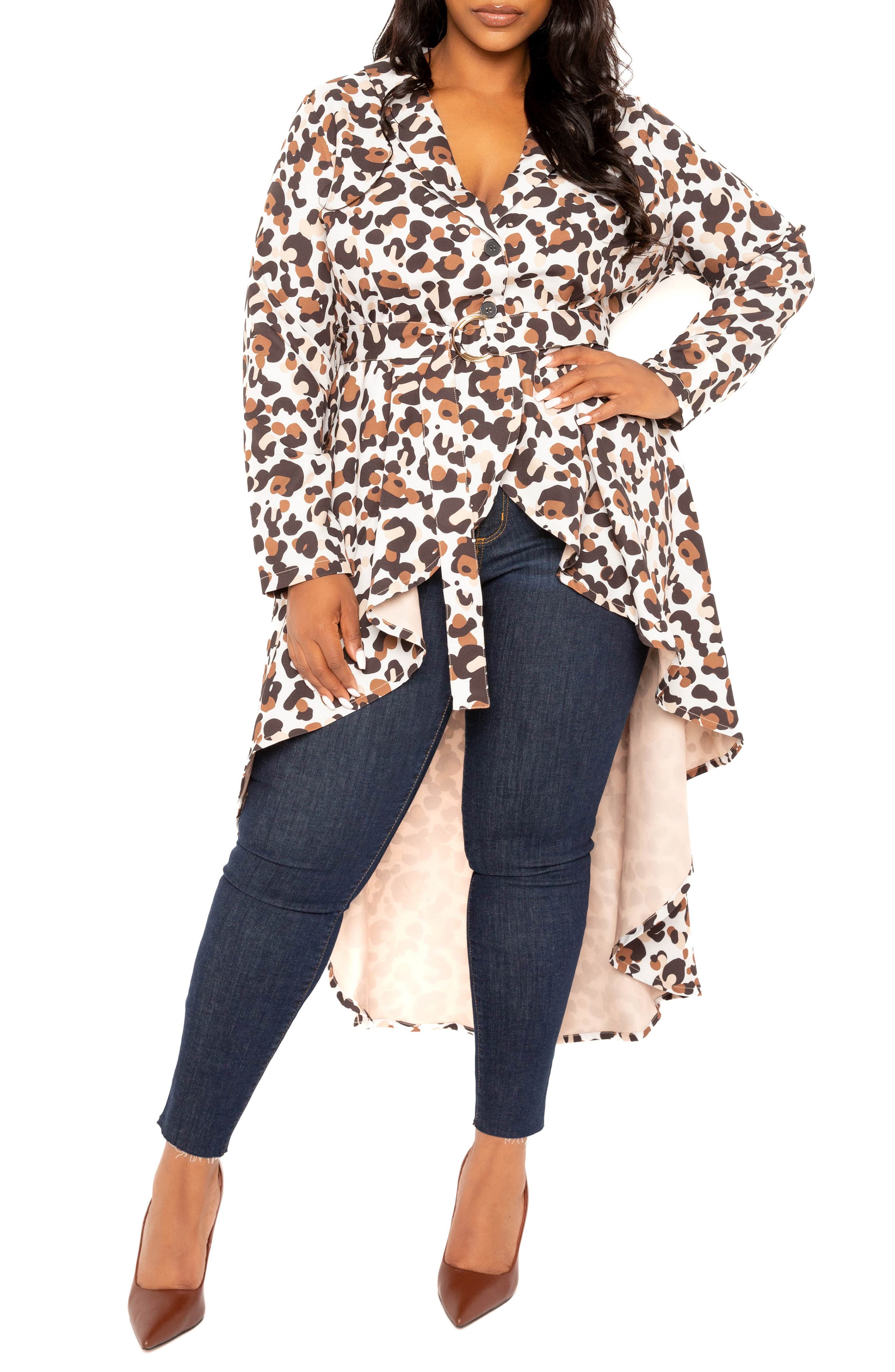 Animal Print Belted High-Low Blazer