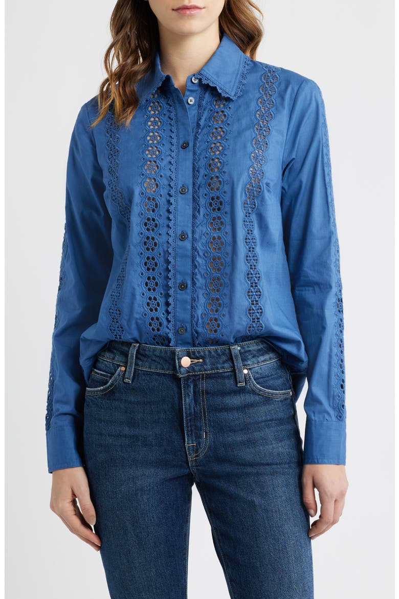 Sienna Embroidered Detail Cotton Button-Up Shirt, Main, color, DENIM BLUE