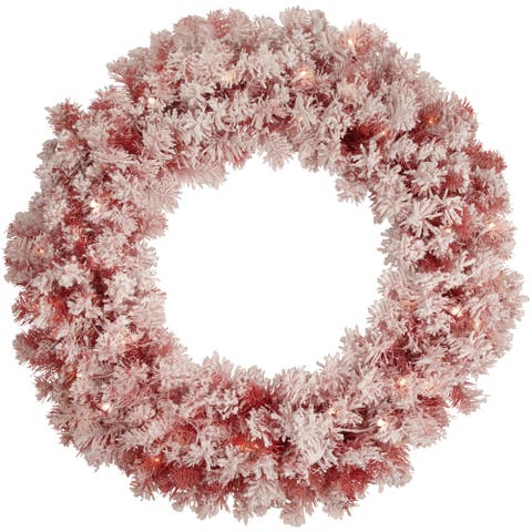 Pre-Lit Flocked Artificial Christmas Wreath - 36" - Red - Clear Lights