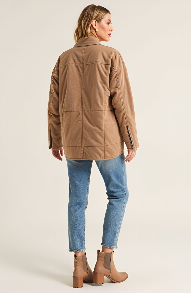 Modenaire Quilted Zip-Up Stand Collar Square Stitch Detailing Jacket, Alternate, color, Tan