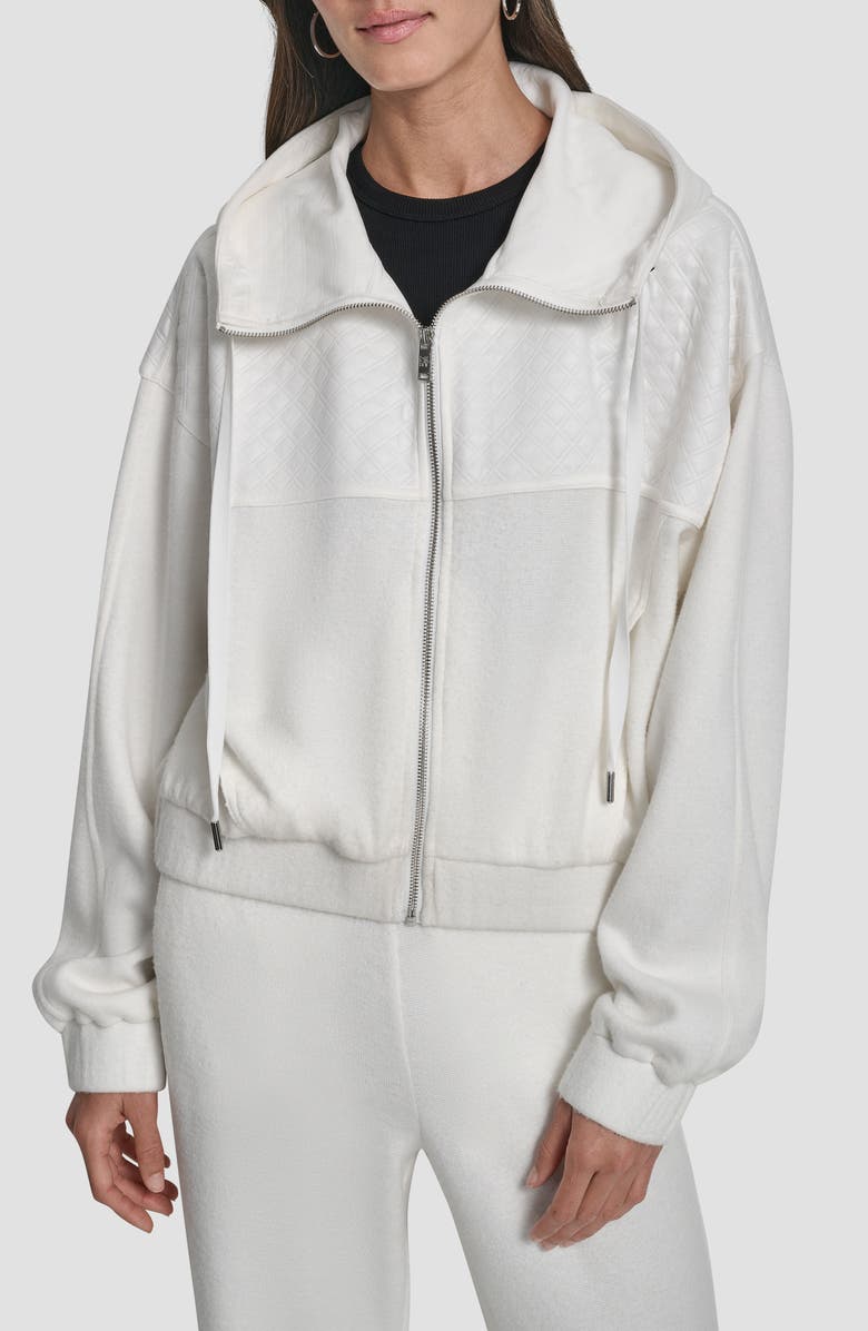 DKNY Mixed Media Zip-Up Hooded Jacket, Main, color, Ivy/ Ivy