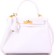Pre-Owned Hermes Kelly Handbag White Swift with Gold Hardware 25