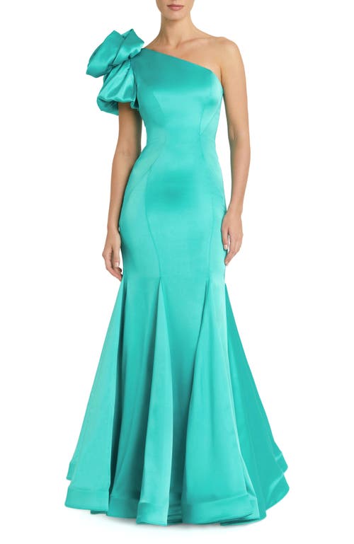 Mac Duggal Off The Shoulder Bustier Satin Mermaid Gown In Teal