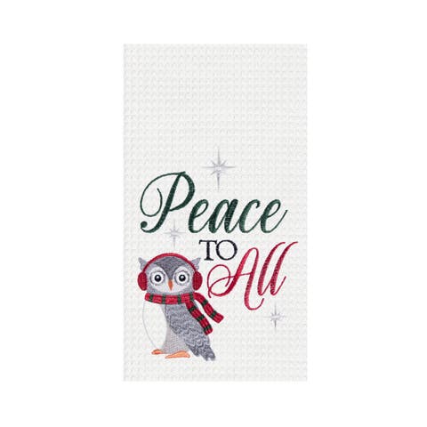 27" x 18" Christmas Holiday "Peace To All" Sentiment Featuring Gray Owl Cotton Embroidered Waffle Weave Kitchen DishTowel