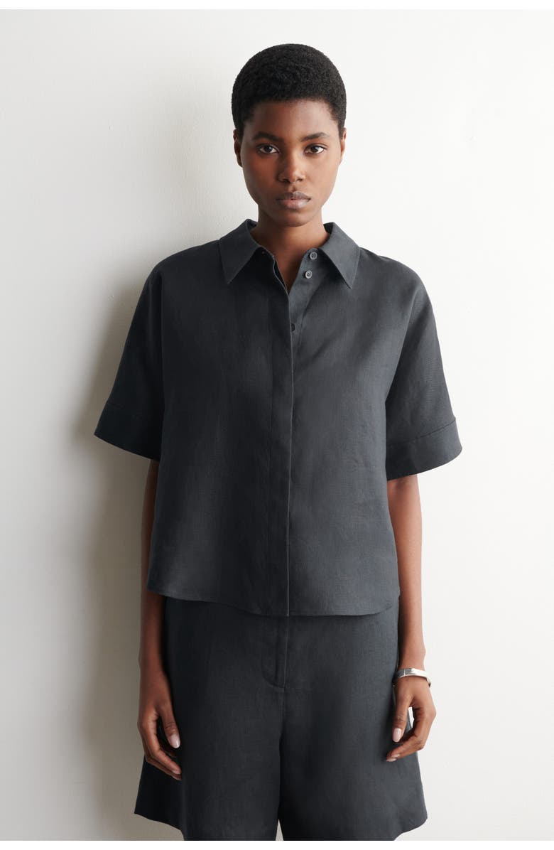 COS Oversized Short-Sleeved Linen Shirt, Main, color, Washed Black