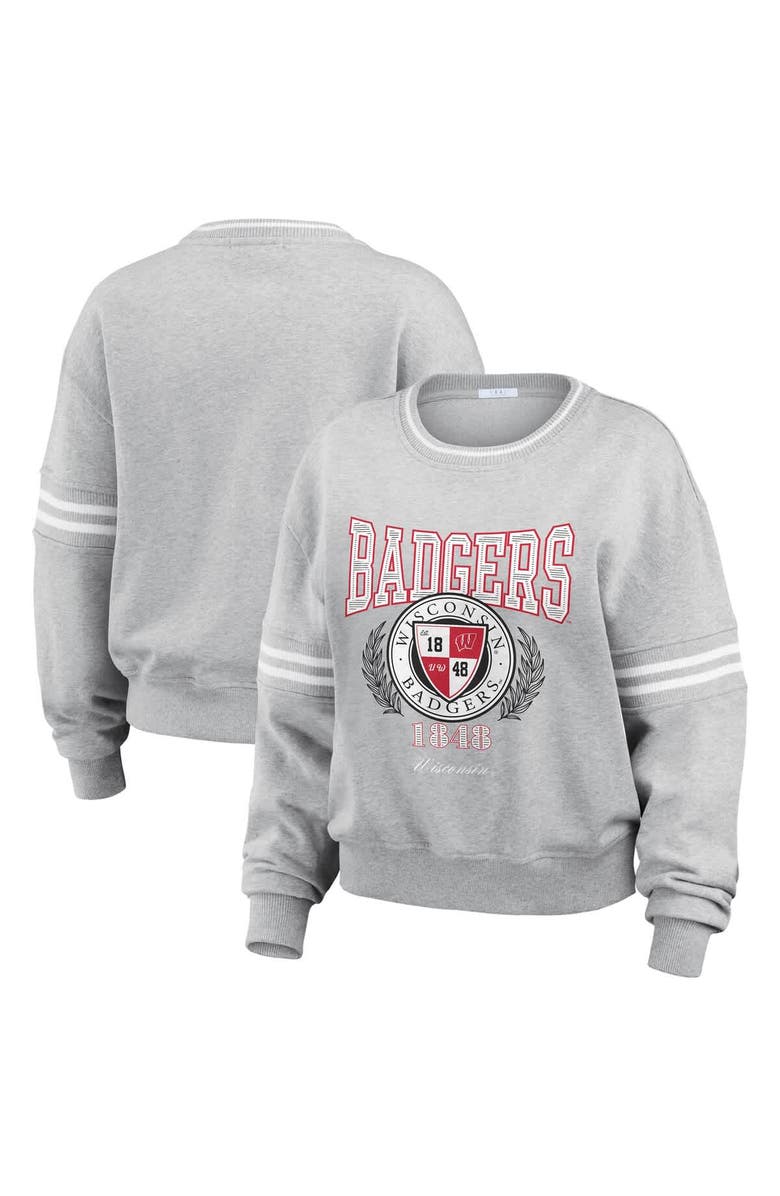 WEAR by Erin Andrews Women's WEAR by Erin Andrews Heather Gray Wisconsin Badgers Classic Stripe Pullover Sweater, Alternate, color, Heather Gray