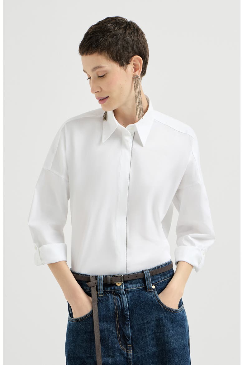 Stretch cotton poplin shirt with shiny trim, Main, color, White