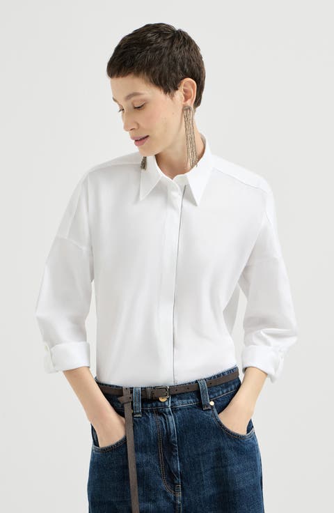 Stretch cotton poplin shirt with shiny trim
