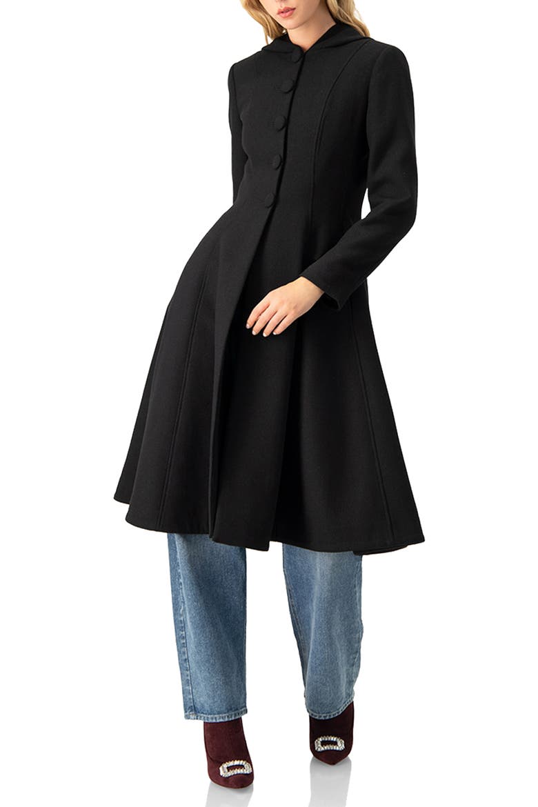 Hooded Button-Front Wool-Blend Midi Swing Coat, Main, color, Black
