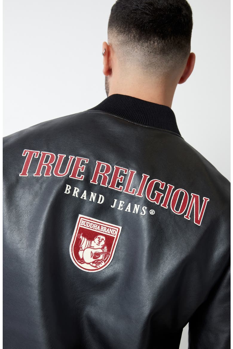 Faux Leather Varsity Jacket, Alternate, color, JET BLACK