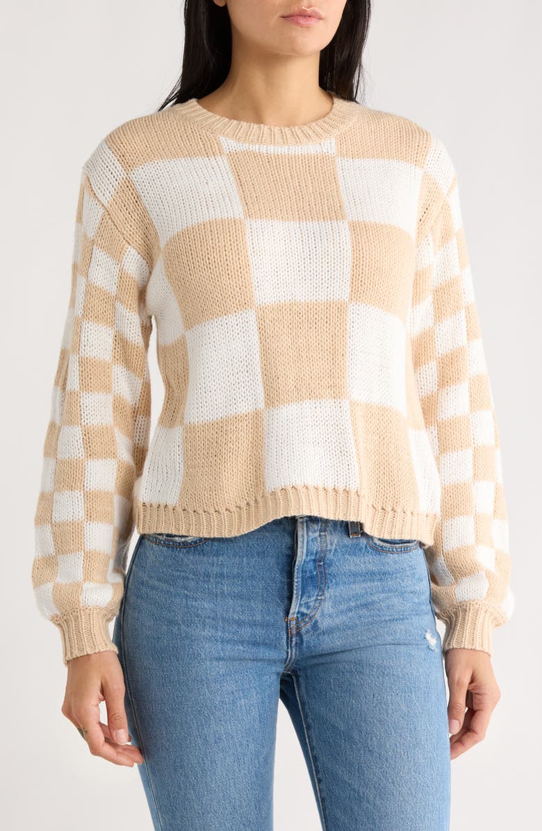 INDUSTRY REPUBLIC CLOTHING Check Crewneck Sweater, Main, color, Beige/ Ivory