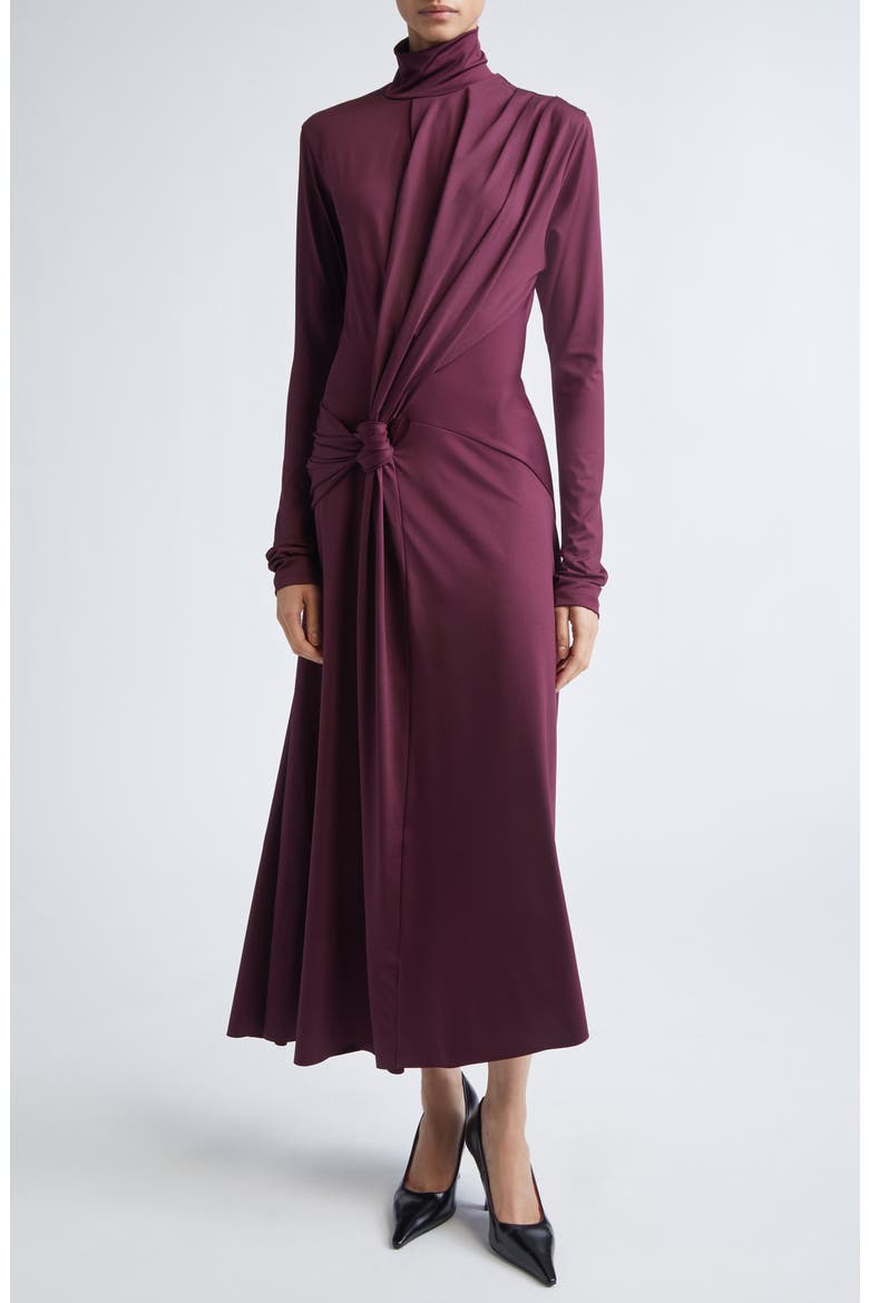 Asymmetric Mock Neck Long Sleeve Midi Dress, Main, color, MERLOT