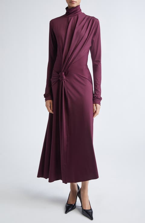 Asymmetric Mock Neck Long Sleeve Midi Dress