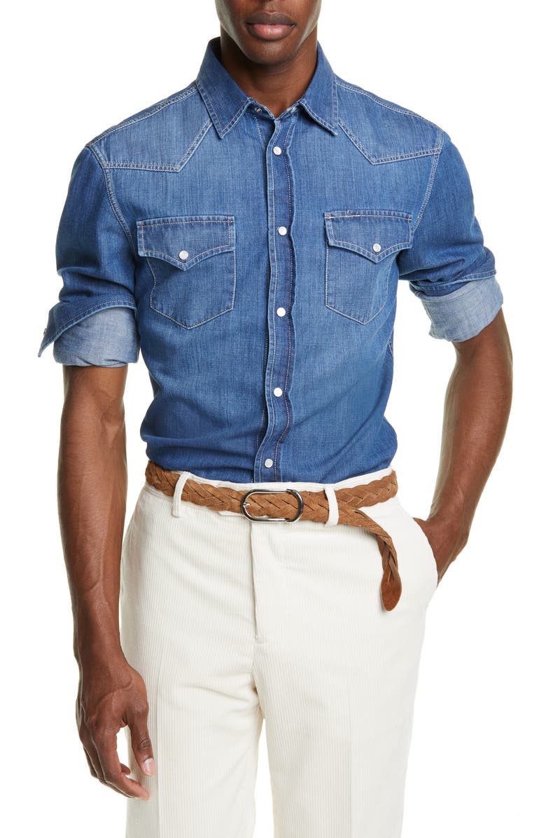 Brunello Cucinelli Leisure Fit Dark Western Shirt, Main, color, 