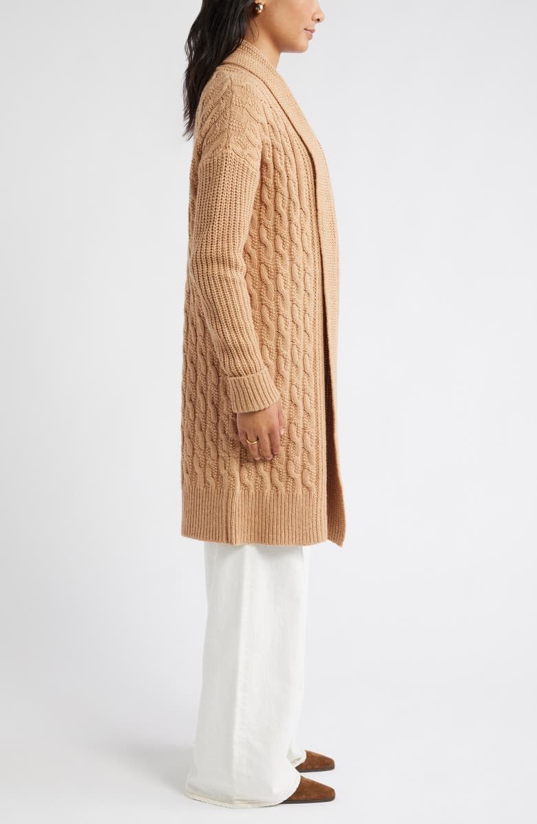 Caslon<sup>®</sup> Cable Longline Open Front Cardigan, Alternate, color, Tan Camel Dark Heather