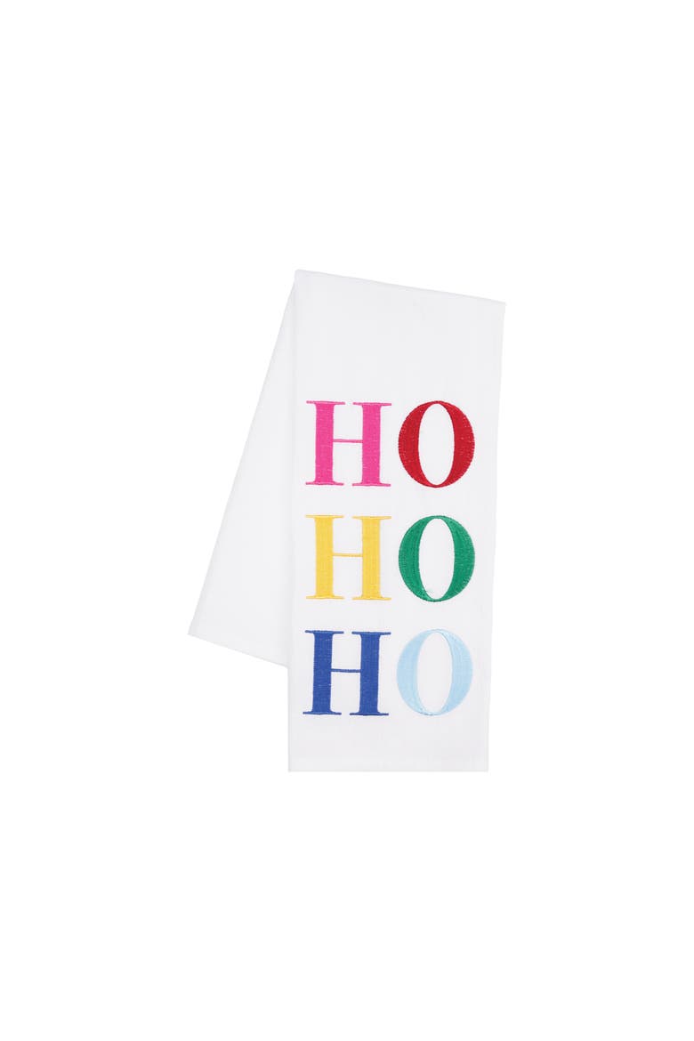 "Ho Ho Ho" Christmas Embroidered 100% Cotton Flour Sack Dishtowel, Main, color, White