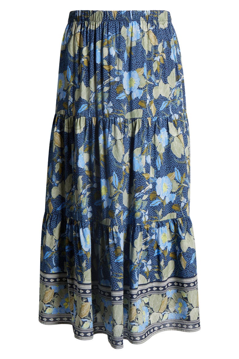 Print Tiered Maxi Skirt, Alternate, color, NAVY- OLIVE JACOBEAN BORDER
