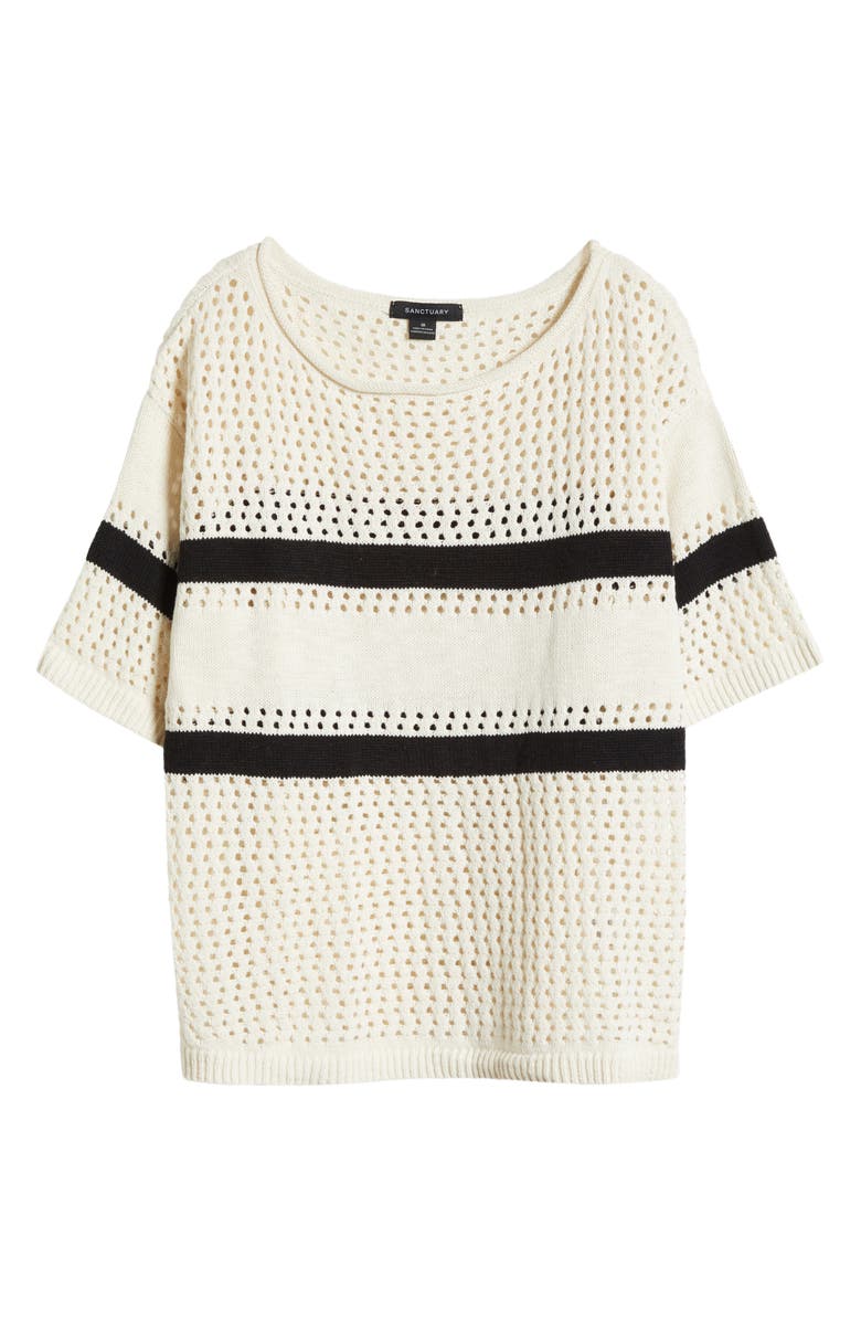 Sanctuary Open Stitch Short Sleeve Cotton Sweater, Alternate, color, Black/ Chalk