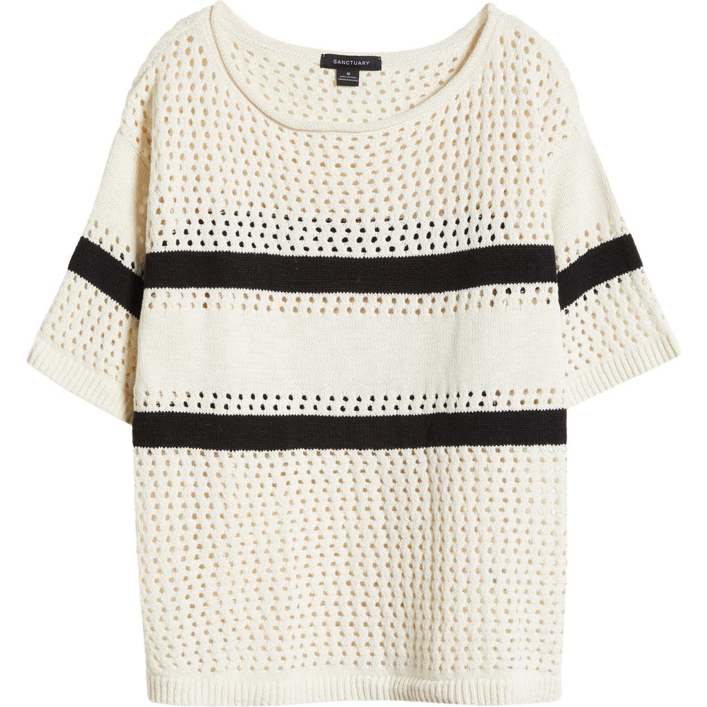 Sanctuary Stripe Open Stitch Elbow Sleeve Cotton Sweater