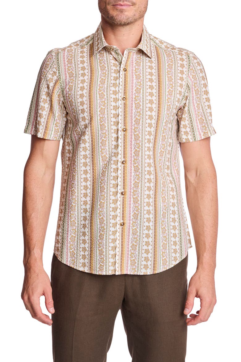 Sawyer Short Sleeve Linen Blend Button-Up Shirt, Main, color, PINK BROWN FLORAL SEERSUCKER