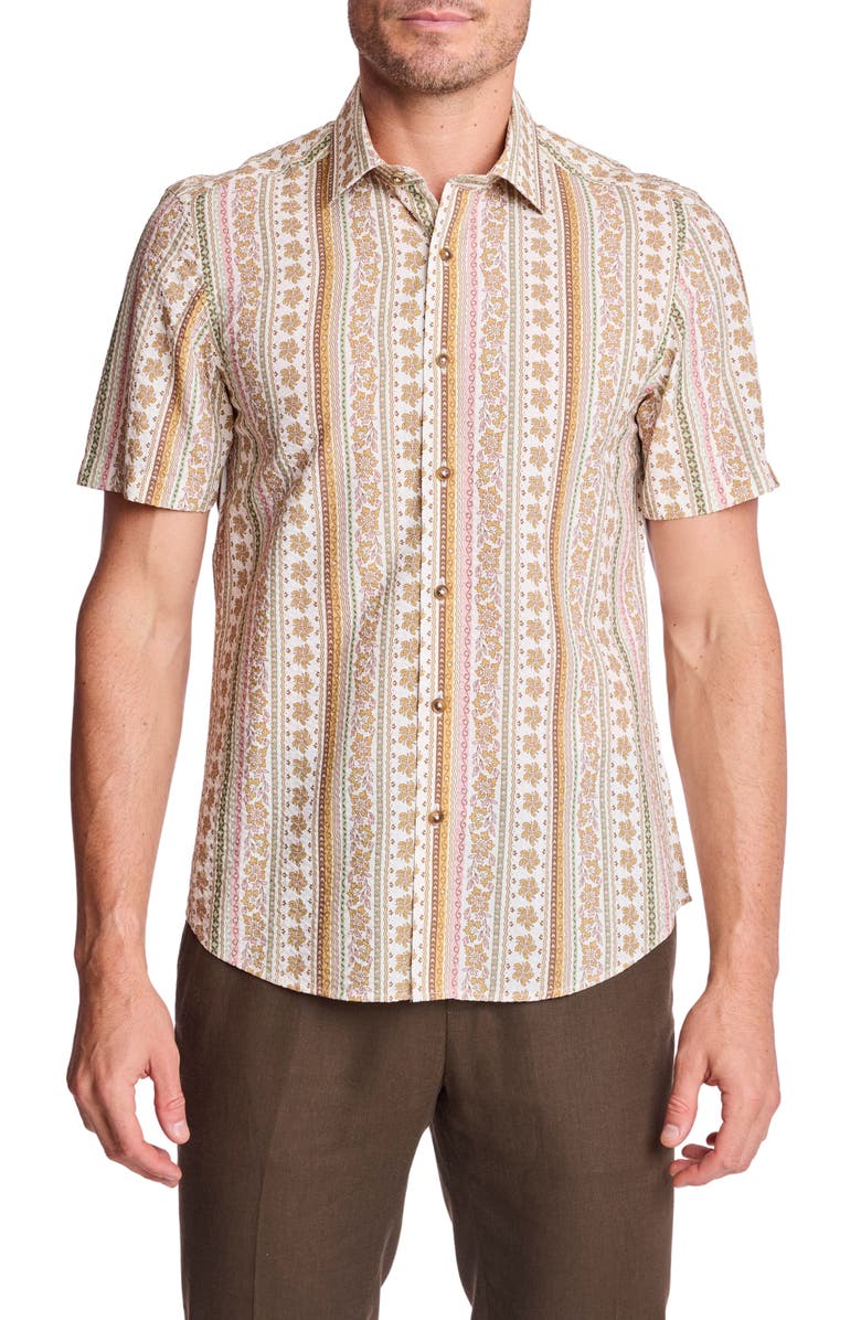 PAISLEY & GRAY Sawyer Short Sleeve Linen Blend Button-Up Shirt, Main, color, Pink Brown Floral Seersucker