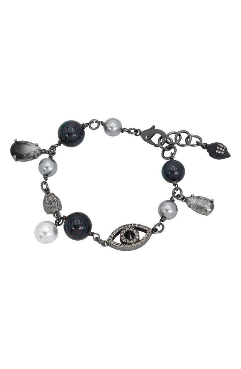 Kurt Geiger London Mixed Faux Pearl & Crystal Charm Bracelet, Main, color, Black Pearl