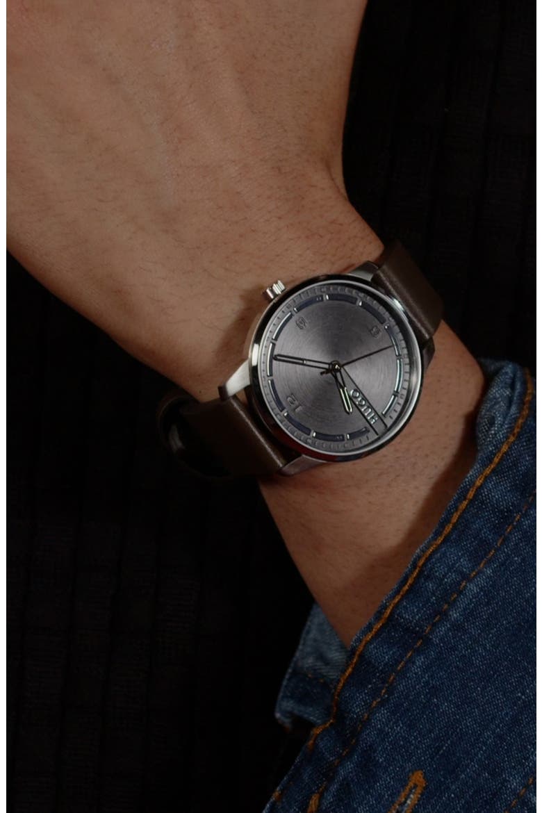 Stamp Leather Strap Watch, 42mm, Alternate, color, BLACK