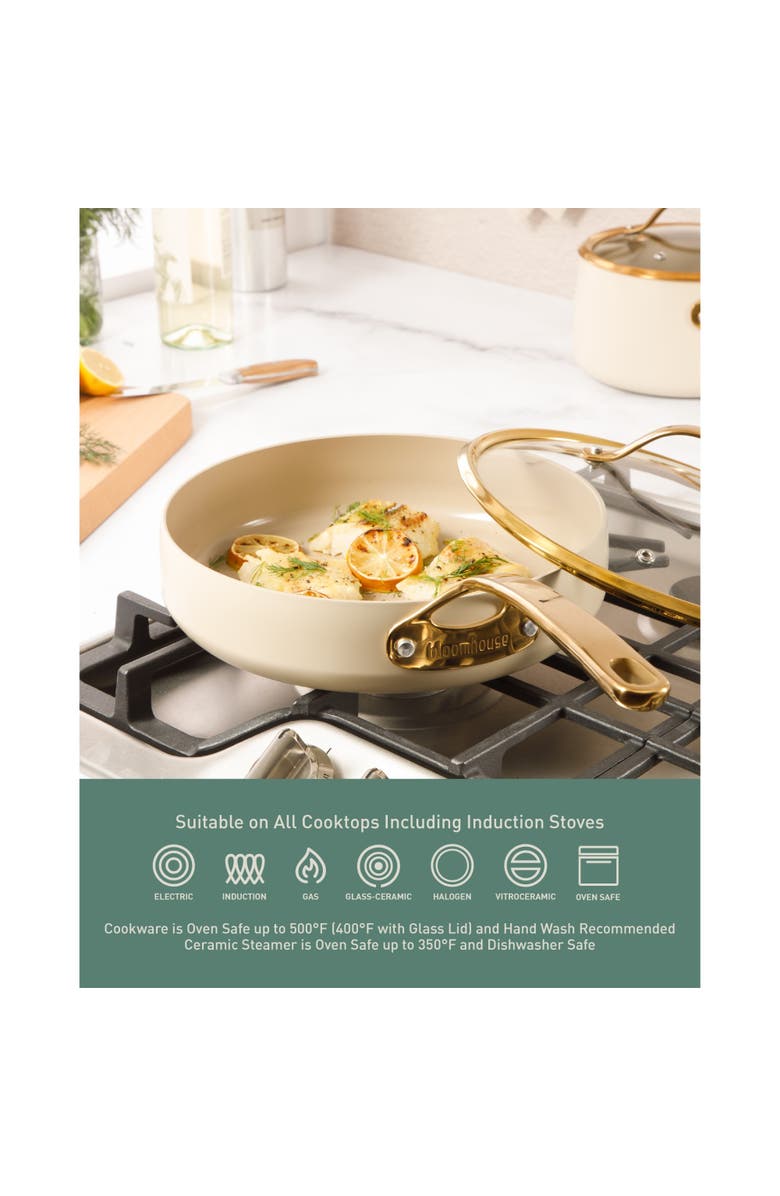 Bloomhouse 15 Piece Ceramic Nonstick Aluminum Cookware Set with Dutch Oven, Alternate, color, Linen With Gold Handle