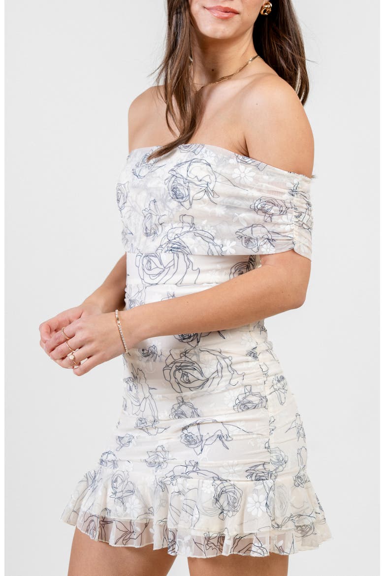 Floral Mesh Off the Shoulder Ruched Minidress, Alternate, color, IVORY CHARCOAL
