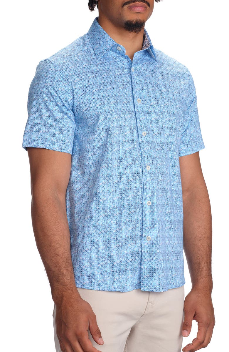 STUDIO GARNET LOS ANGELES Blue Square Print Short Sleeve Stretch Cotton Button-Up Shirt, Alternate, color, Blue