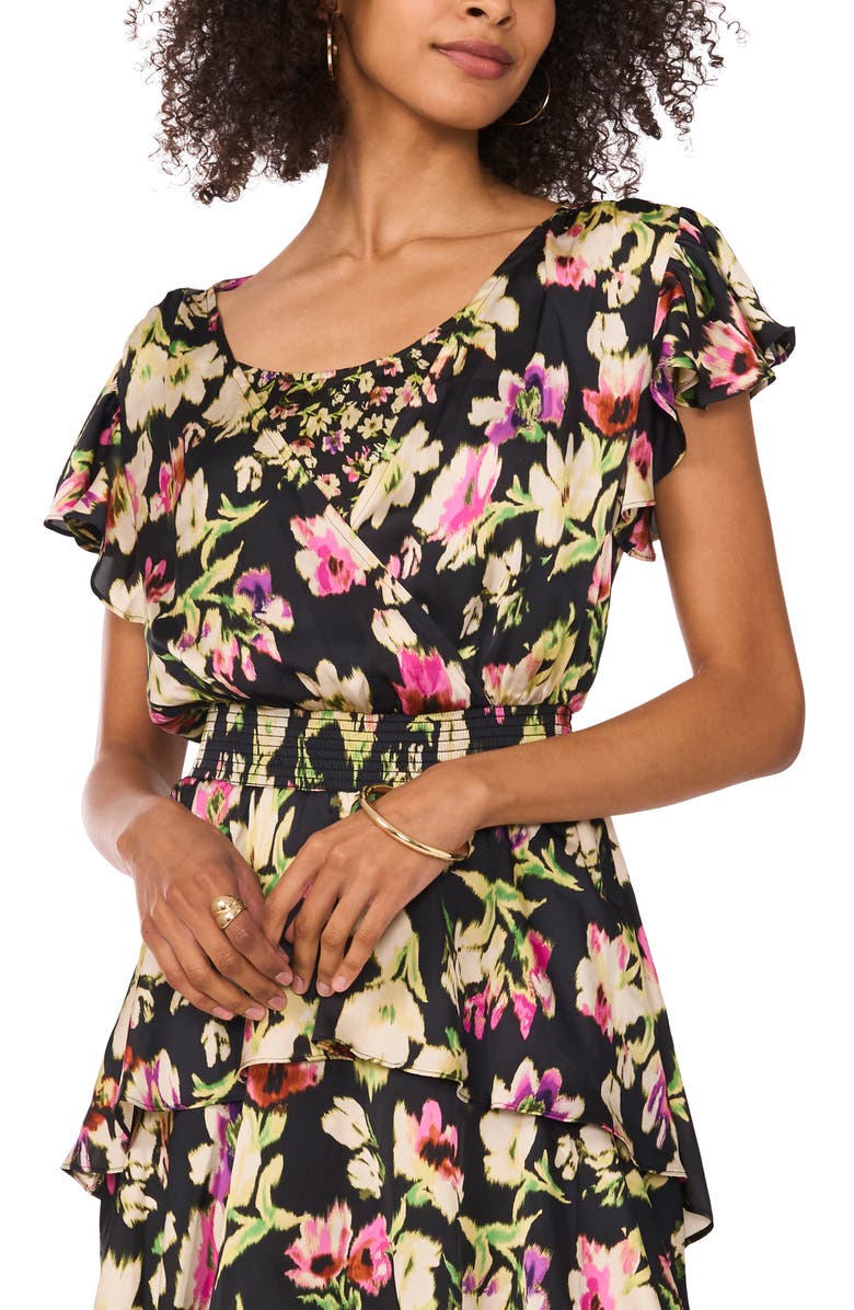 Vince Camuto Floral Tiered Flutter Sleeve Midi Dress, Alternate, color, Rich Black