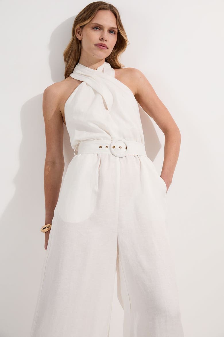 Linen Blend Wide Leg Belted Jumpsuit, Alternate, color, White