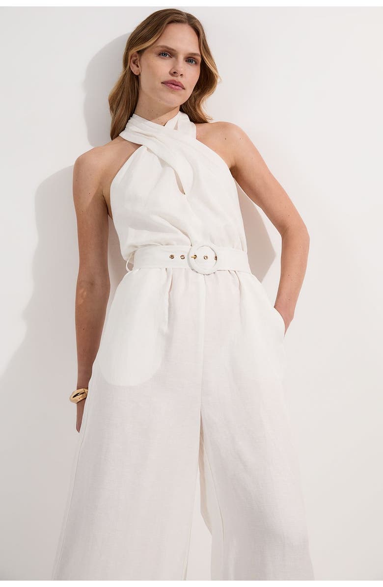 Karen Millen Linen Blend Wide Leg Belted Jumpsuit, Alternate, color, White