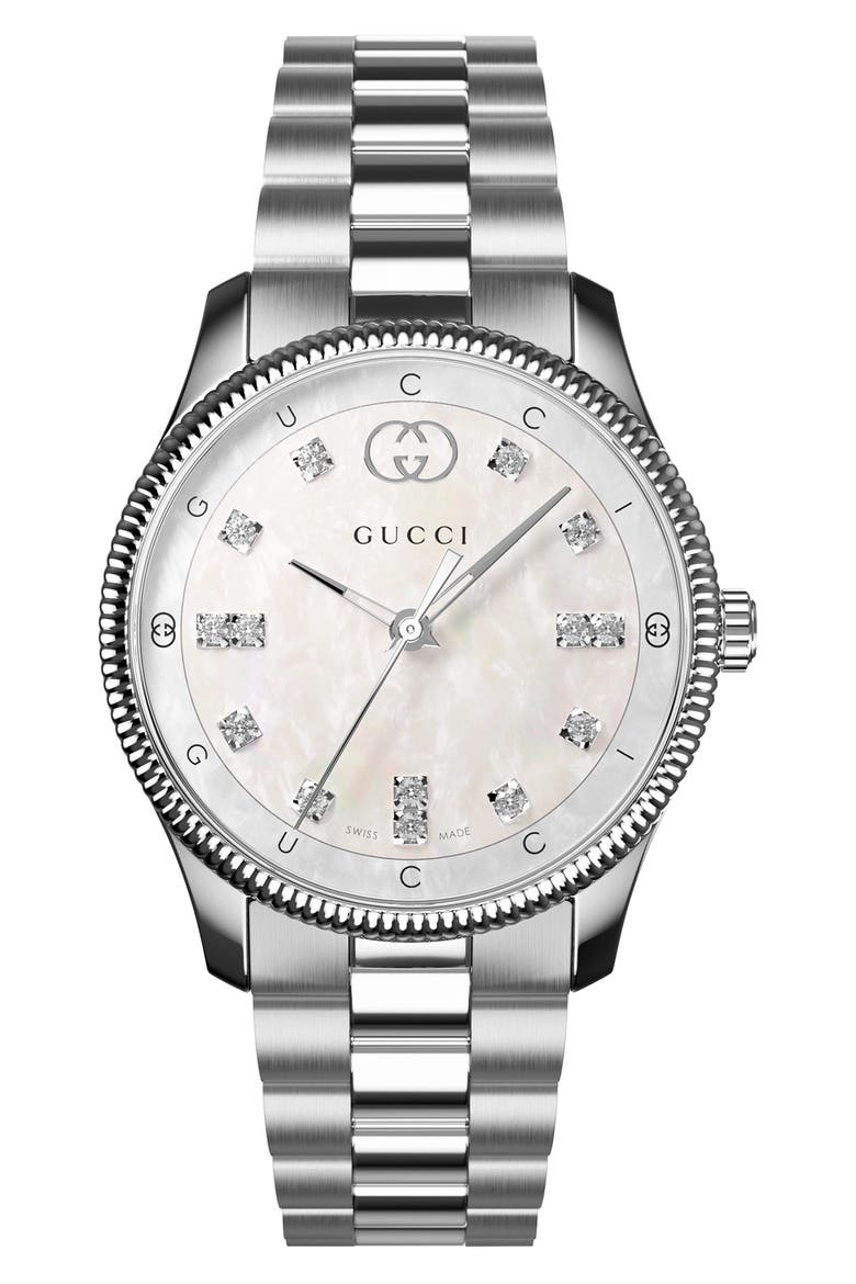 G-Timeless Mother-of-Pearl & Diamond Bracelet Watch, 29mm, Alternate, color, SILVER
