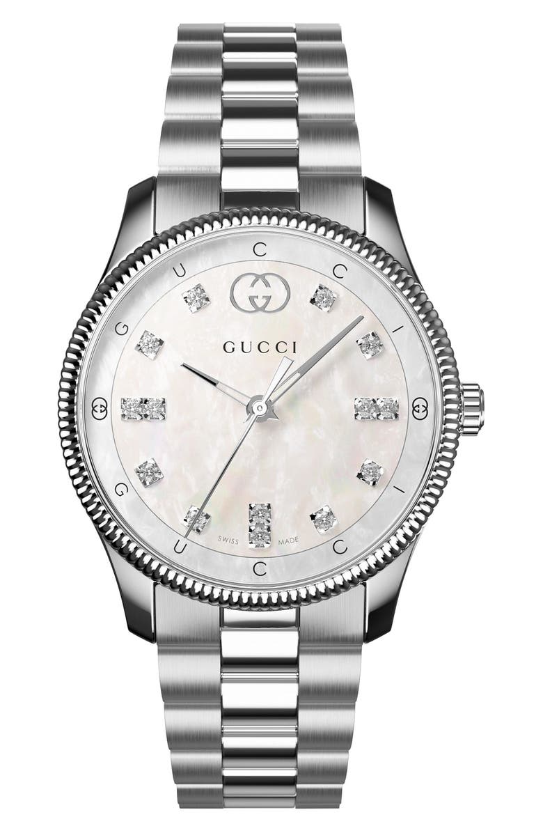 Gucci G-Timeless Mother-of-Pearl & Diamond Bracelet Watch, 29mm, Alternate, color, Silver