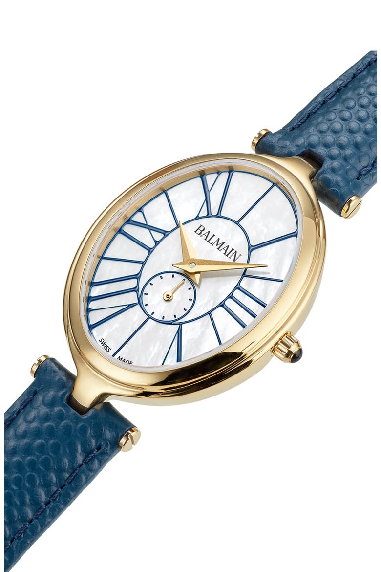 Haute Elegance Oval Leather Strap Watch, 26mm x 32mm, Alternate, color, YELLOW GOLD BLUE